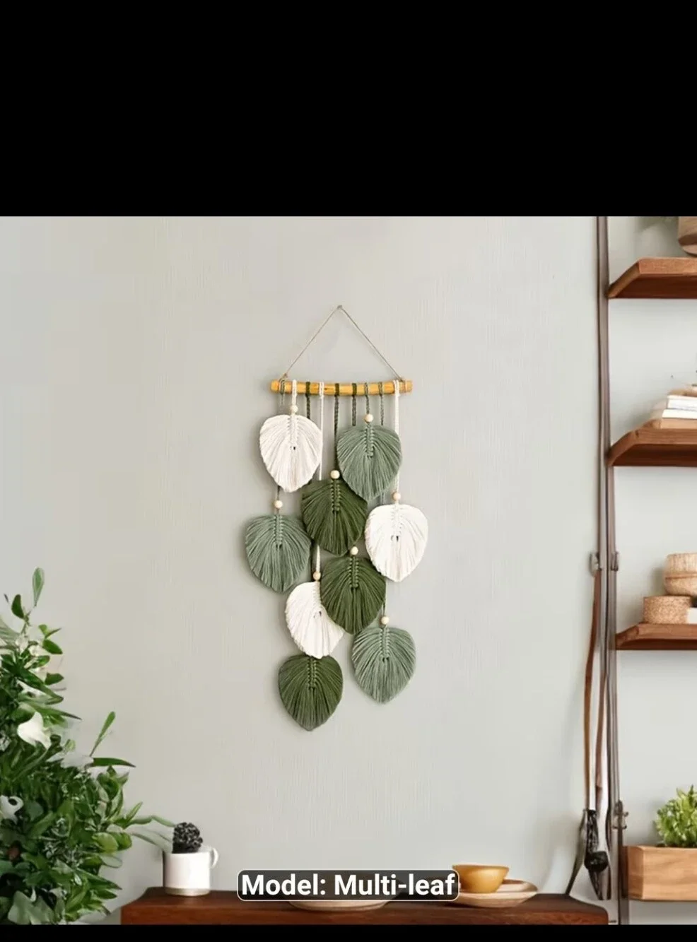 New Handcrafted Green and Cream Leaf Macrame Wall Hanging #1540-670